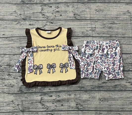NO MOQ preorder GSSO2730 Embroidered Camouflage Bows Brown Ruffle Sleeveless Shorts Girls Set 202510