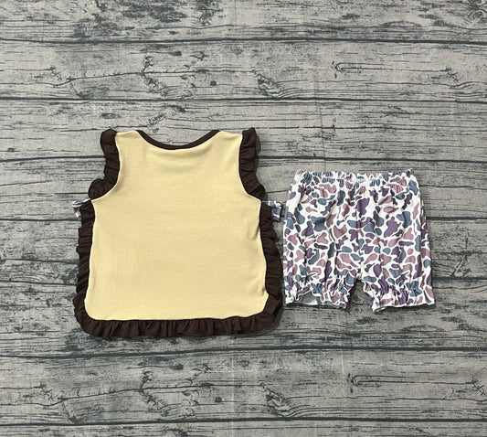 NO MOQ preorder GSSO2730 Embroidered Camouflage Bows Brown Ruffle Sleeveless Shorts Girls Set 202510