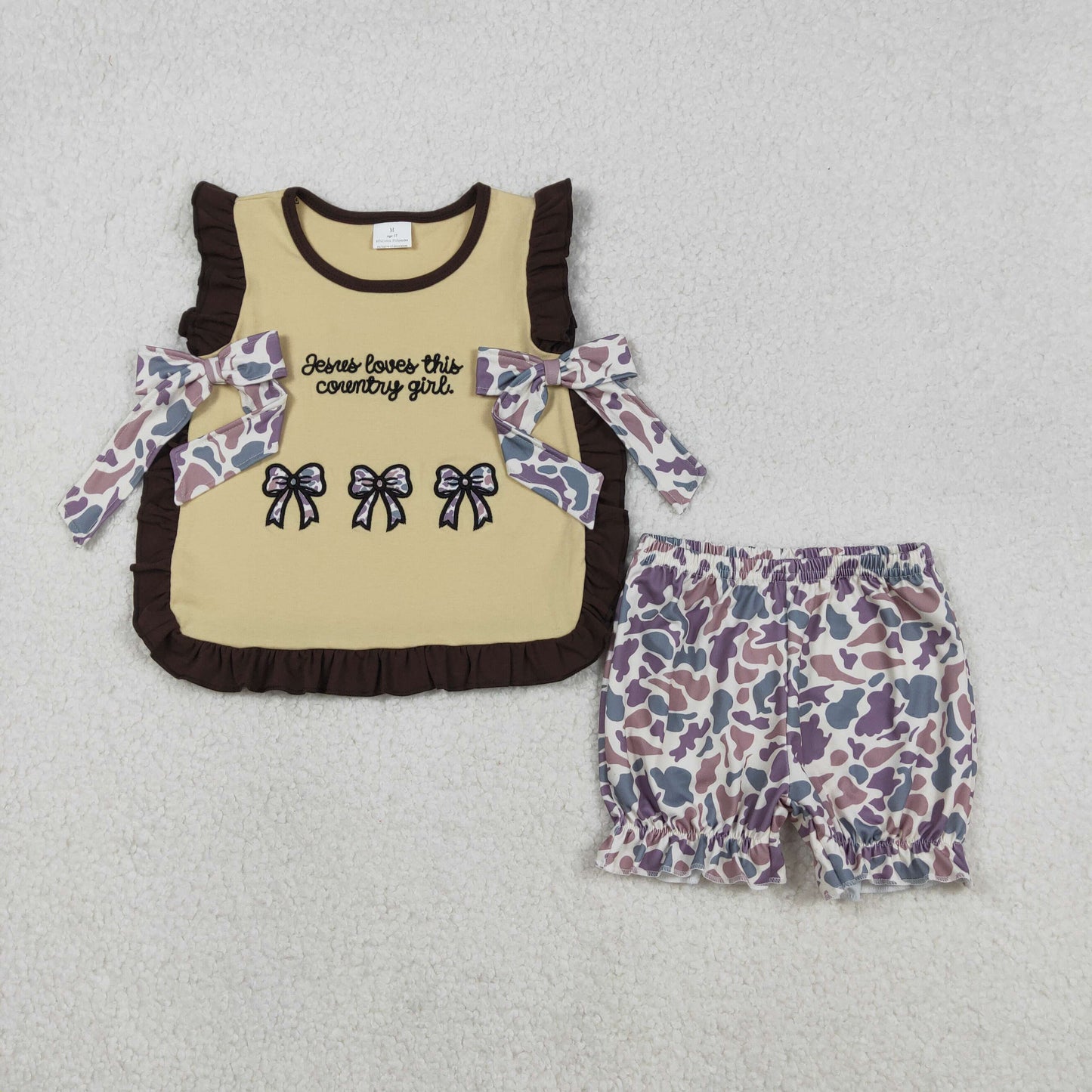 GSSO2730 Embroidered Camouflage Bows Brown Ruffle Sleeveless Shorts Girls Set 202511 RTS