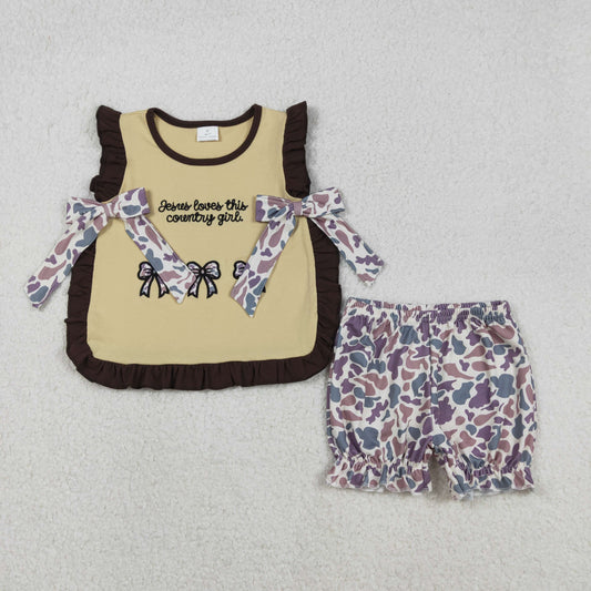 GSSO2730 Embroidered Camouflage Bows Brown Ruffle Sleeveless Shorts Girls Set 202511 RTS