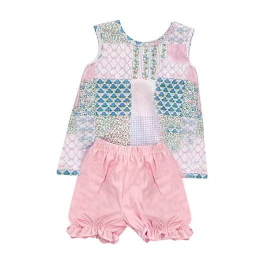 MOQ 8 preorder GSSO2731 Floral Bows Plaid Sleeveless Pink Shorts Girls Set 202510