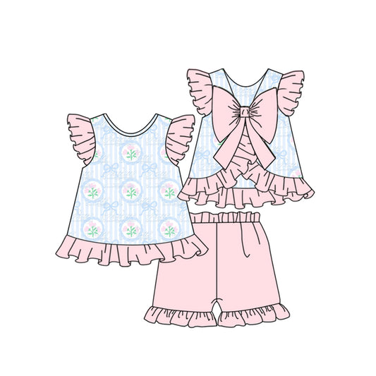 MOQ 8 preorder GSSO2732 Floral Bows Pink Ruffle Bows Backless Flying Sleeve Top Shorts Girls Set 202510