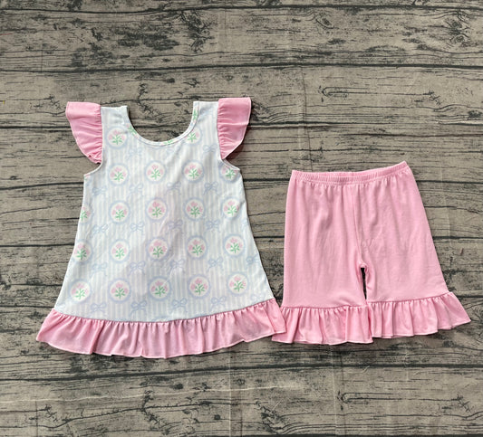 NO MOQ preorder GSSO2732 Floral Bows Pink Ruffle Bows Backless Flying Sleeve Top Shorts Girls Set 202511