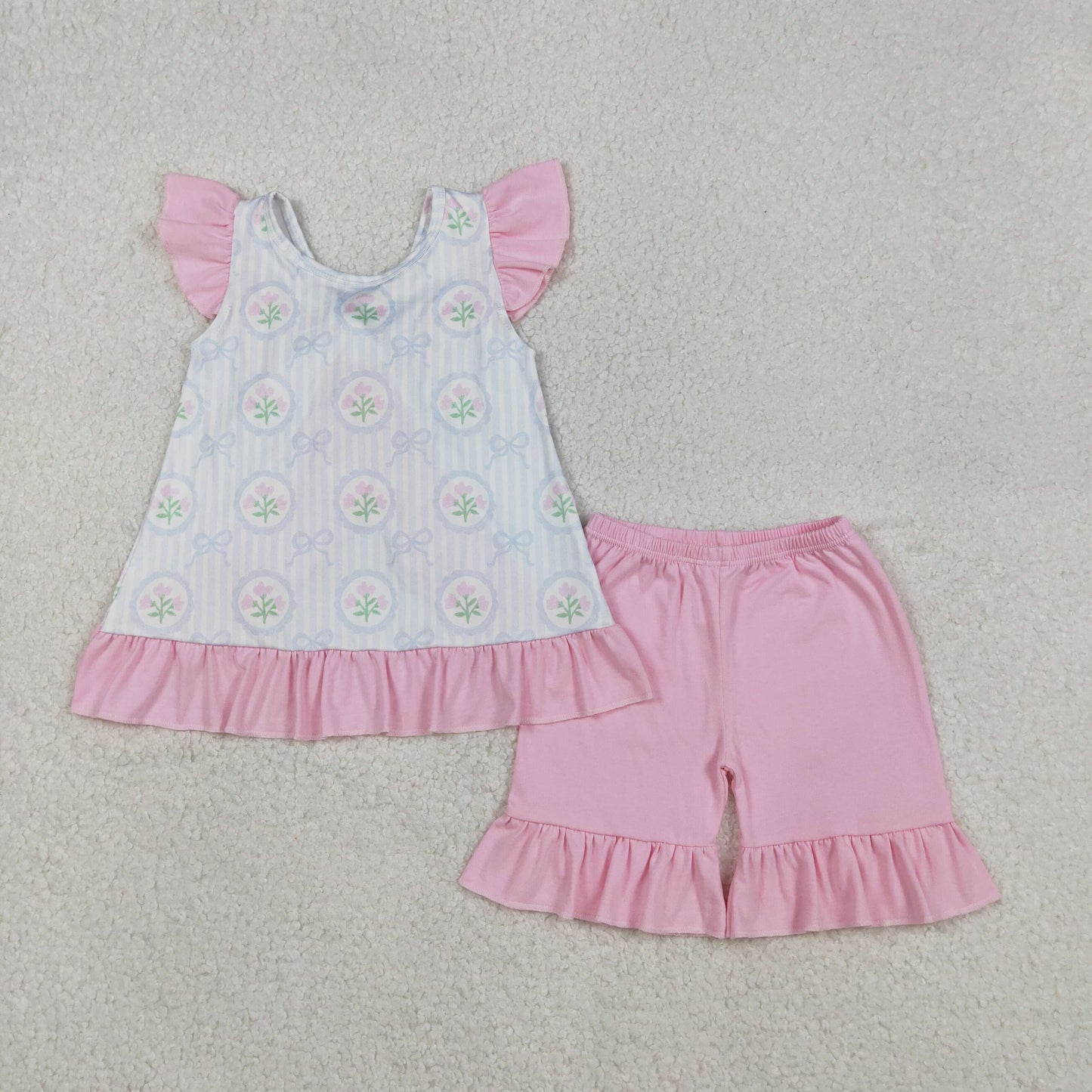 GSSO2732 Floral Bows Pink Ruffle Bows Backless Flying Sleeve Top Shorts Girls Set 202512 RTS