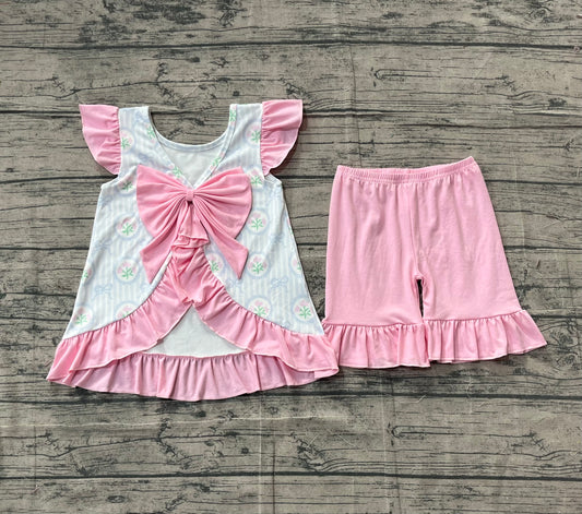 NO MOQ preorder GSSO2732 Floral Bows Pink Ruffle Bows Backless Flying Sleeve Top Shorts Girls Set 202511