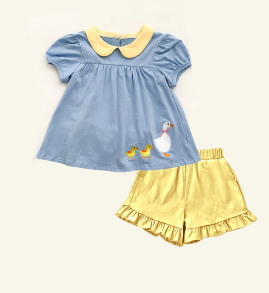 MOQ 8 preorder GSSO2733 Ducks Yellow Doll Collar Blue Short Sleeve Shorts Girls Set 202510