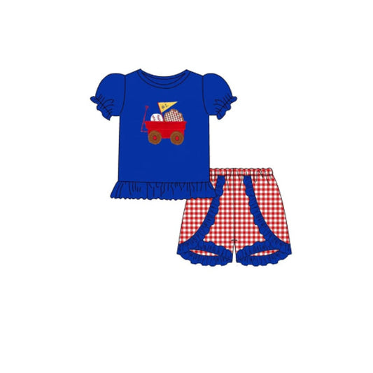 MOQ 5 preorder GSSO2734 Baseball Truck Blue Short-Sleeved Red Plaid Shorts Girls Set 202510