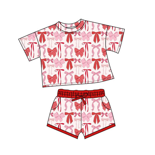 MOQ 5 preorder GSSO2737 Valentine‘s Day Bows Red Short-Sleeved Shorts Girls Set 202510
