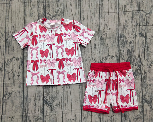 NO MOQ preorder GSSO2737 Valentine‘s Day Bows Red Short-Sleeved Shorts Girls Set 202511
