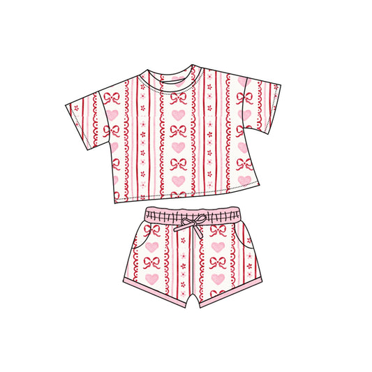 MOQ 5 preorder GSSO2738 Valentine‘s Day Bows Love Stripe Short-Sleeved Shorts Girls Set 202510