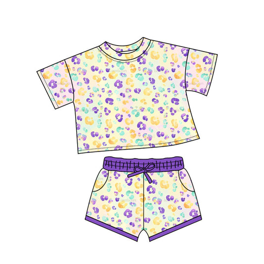 MOQ 5 preorder GSSO2739 Mardi Gras Colored Leopard Short-Sleeved Shorts Girls Set 202510