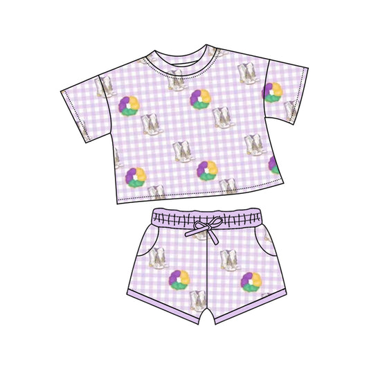 MOQ 5 preorder GSSO2740 Mardi Gras Purple Plaid Short-Sleeved Shorts Girls Set 202510