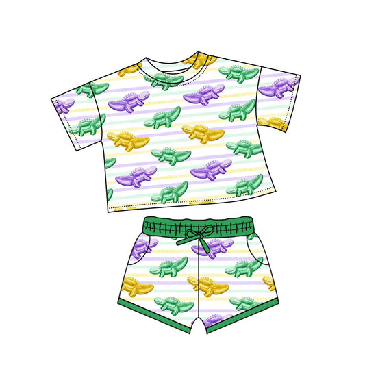 MOQ 5 preorder GSSO2741 Mardi Gras Crocodile Stripe Short-Sleeved Shorts Girls Set 202510