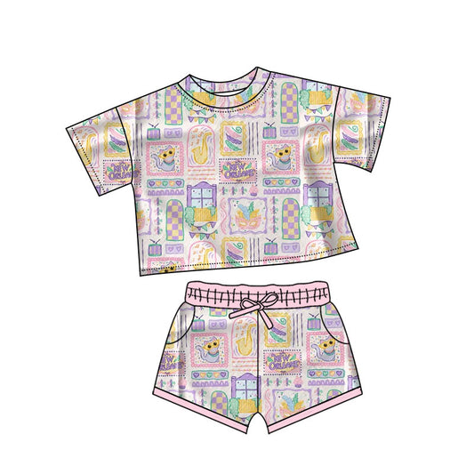 MOQ 5 preorder GSSO2742 Mardi Gras Mask Kitten Window Short Sleeve Shorts Girls Set 202510