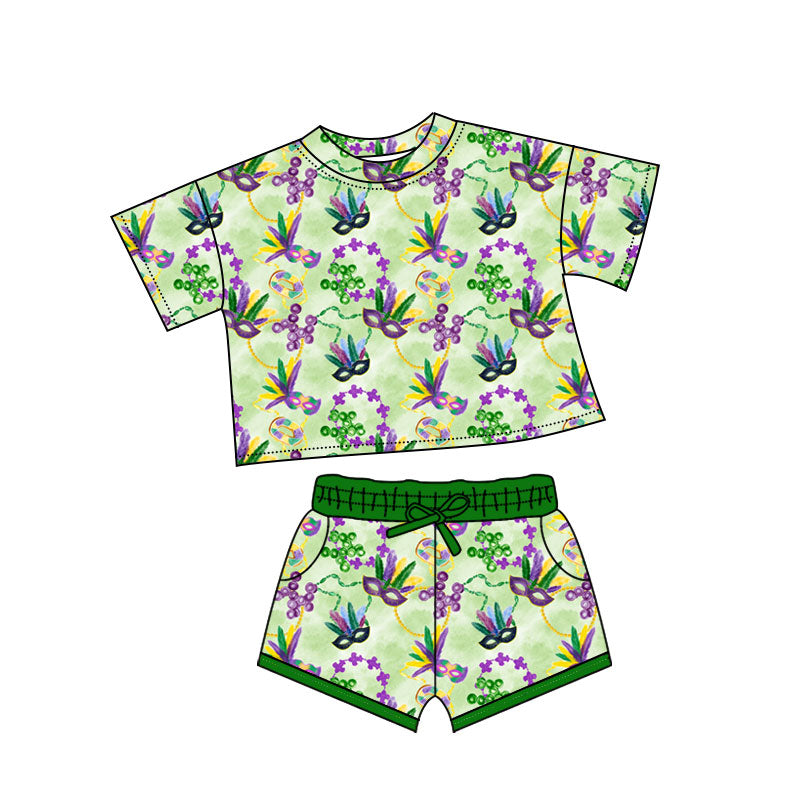 MOQ 5 preorder GSSO2743 Mardi Gras Feather Mask Green Short Sleeve Shorts Girls Set 202510