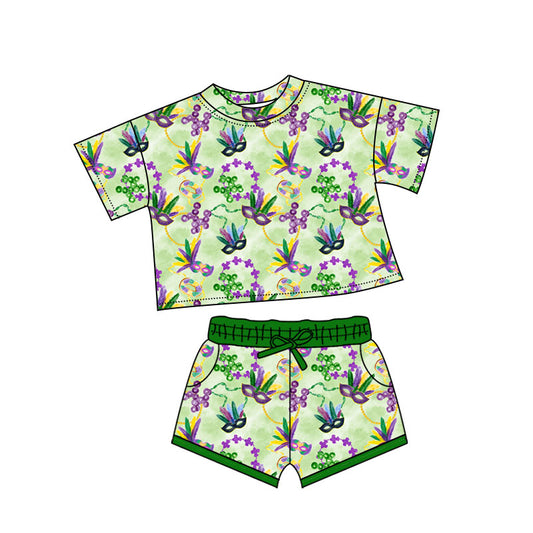MOQ 5 preorder GSSO2743 Mardi Gras Feather Mask Green Short Sleeve Shorts Girls Set 202510
