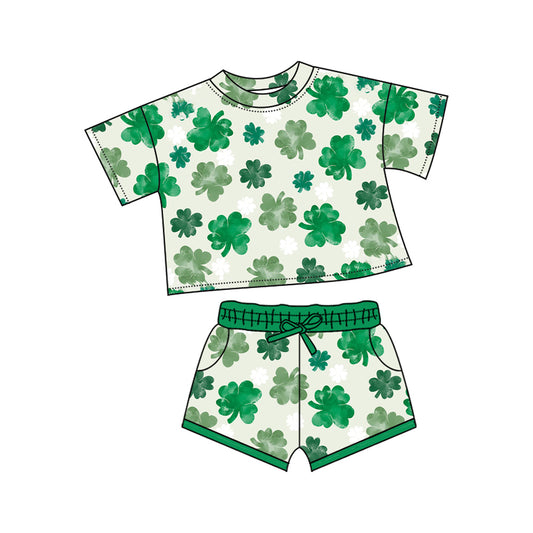 MOQ 5 preorder GSSO2744 Four-Leaf Clover Green Short Sleeve Shorts Girls Set 202510