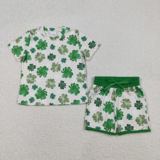 GSSO2744  St. Patrick's Day Four-Leaf Clover Green Short Sleeve Shorts Girls Set 202512 RTS