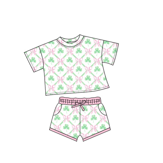 MOQ 5 preorder GSSO2745 Four-Leaf Clover Bows Short Sleeve Shorts Girls Set 202510