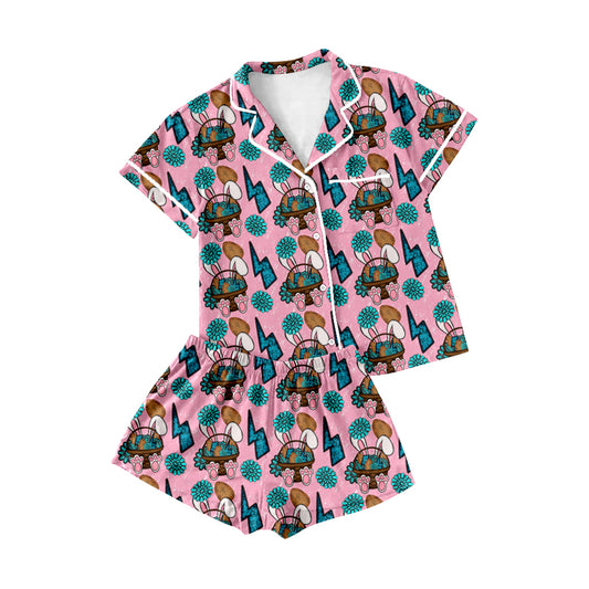MOQ 5 preorder GSSO2747 Adult Female Easter Bunny Polo Button Short Sleeve Shorts Pajamas Set 202510