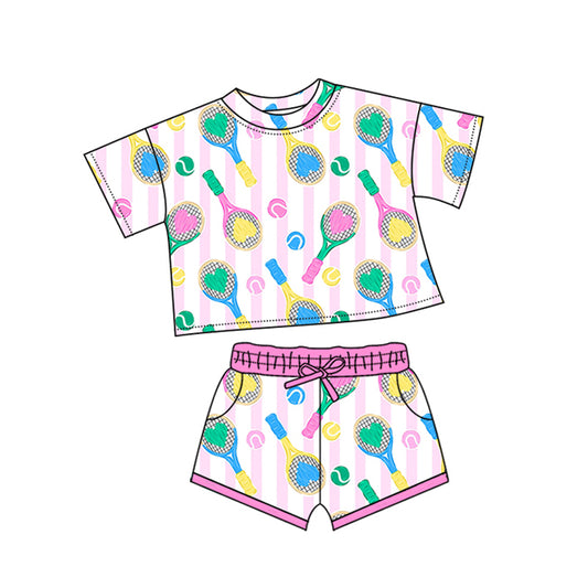 MOQ 5 preorder GSSO2749 Heart Tennis Racket Pink Stripe Short-Sleeved Shorts Girls Set 202510