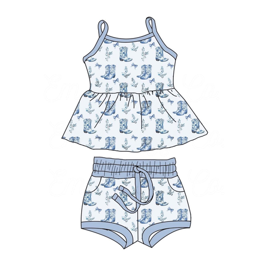 MOQ 5 preorder GSSO2750 Bows Boots Blue Sleeveless Shorts Girls Set 202510