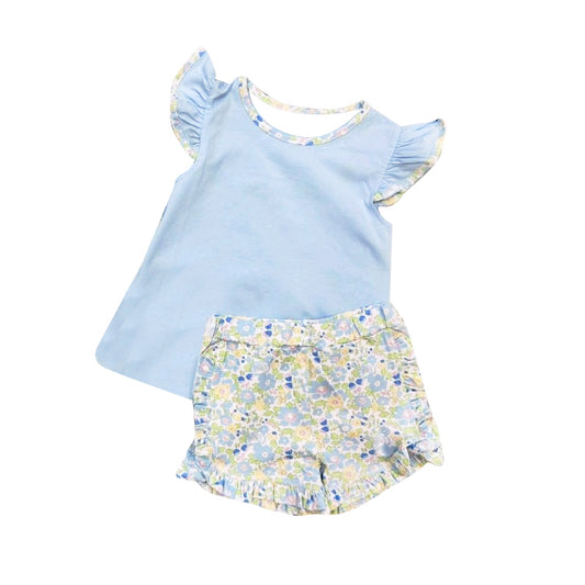 MOQ 5 preorder GSSO2751 Light Blue Flying Sleeve Floral Shorts Girls Set 202510