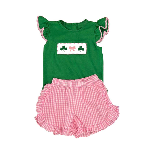 MOQ 5 preorder GSSO2752 Four-Leaf Clover Green Flying Sleeve Red Plaid Shorts Girls Set 202510