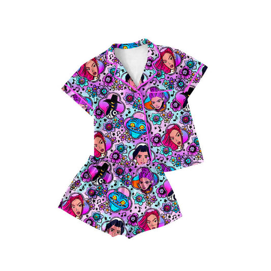 MOQ 5 preorder GSSO2753 Kpop Flower Music Purple Polo Button Short Sleeve Shorts Girls Pajamas Set 202510