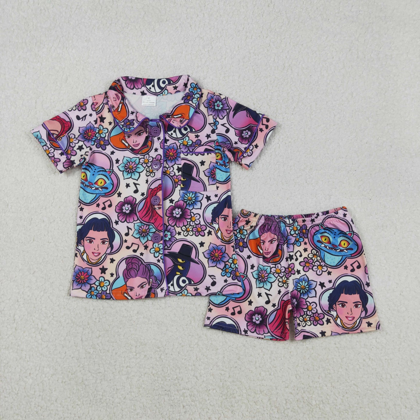 GSSO2753 Kpop Flower Music Purple Polo Button Short Sleeve Shorts Girls Pajamas Set 202511 RTS