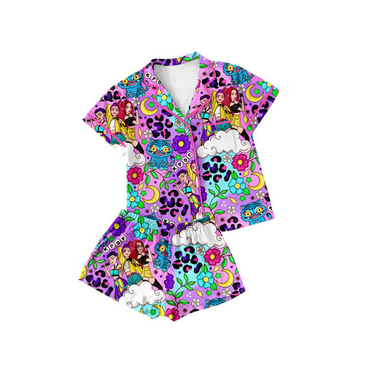MOQ 5 preorder GSSO2753 Kpop Flower Leopard Purple Polo Button Short Sleeve Shorts Girls Pajamas Set 202510