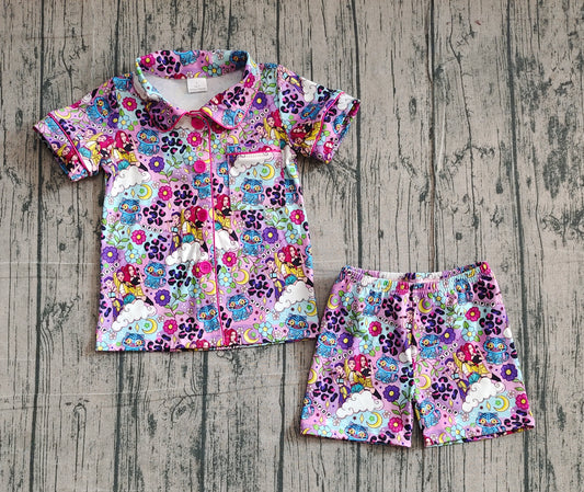 NO MOQ preorder GSSO2754 Kpop Flower Leopard Purple Polo Button Short Sleeve Shorts Girls Pajamas Set 202510