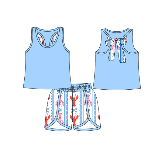 MOQ 5 preorder GSSO2755 Mardi Gras Blue Sleeveless Crayfish Bows Pattern Shorts Girls Set 202510