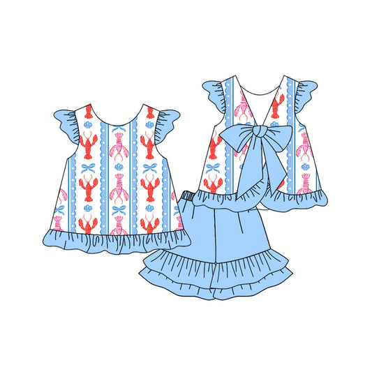 MOQ 5 preorder GSSO2756 Mardi Gras Dots Stripe Crayfish Blue Ruffle Flying Sleeve Shorts Girls Set 202510