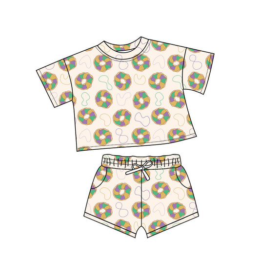 MOQ 5 preorder GSSO2762 Mardi Gras Doughnut Short Sleeve Shorts Girls Set 202510