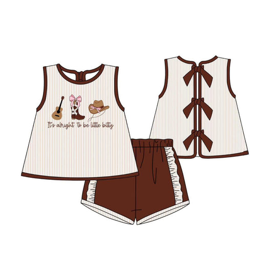 MOQ 5 preorder GSSO2763 it's alright to be little bitty Guitar Boots Hat Stripe Brown Sleeveless Shorts Girls Set 202510