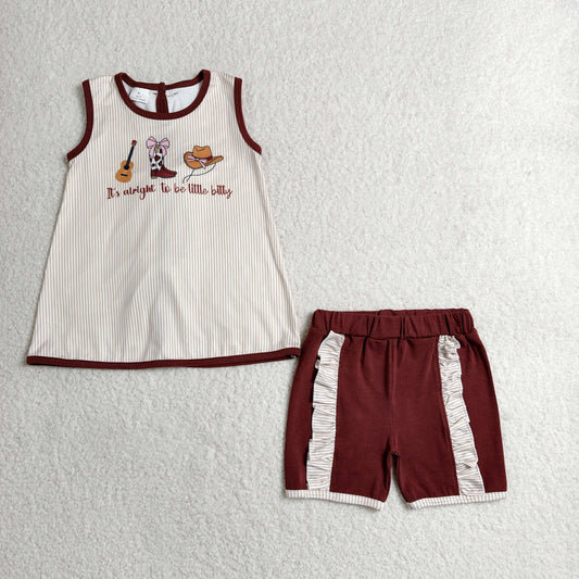 GSSO2763 it's alright to be little bitty Guitar Boots Hat Stripe Brown Sleeveless Shorts Girls Set 202606 RTS