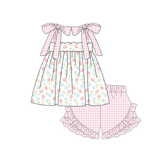 MOQ 5 preorder GSSO2764 Flower Leaf Pink Plaid Ruffle Halter Shorts Girls Set 202510