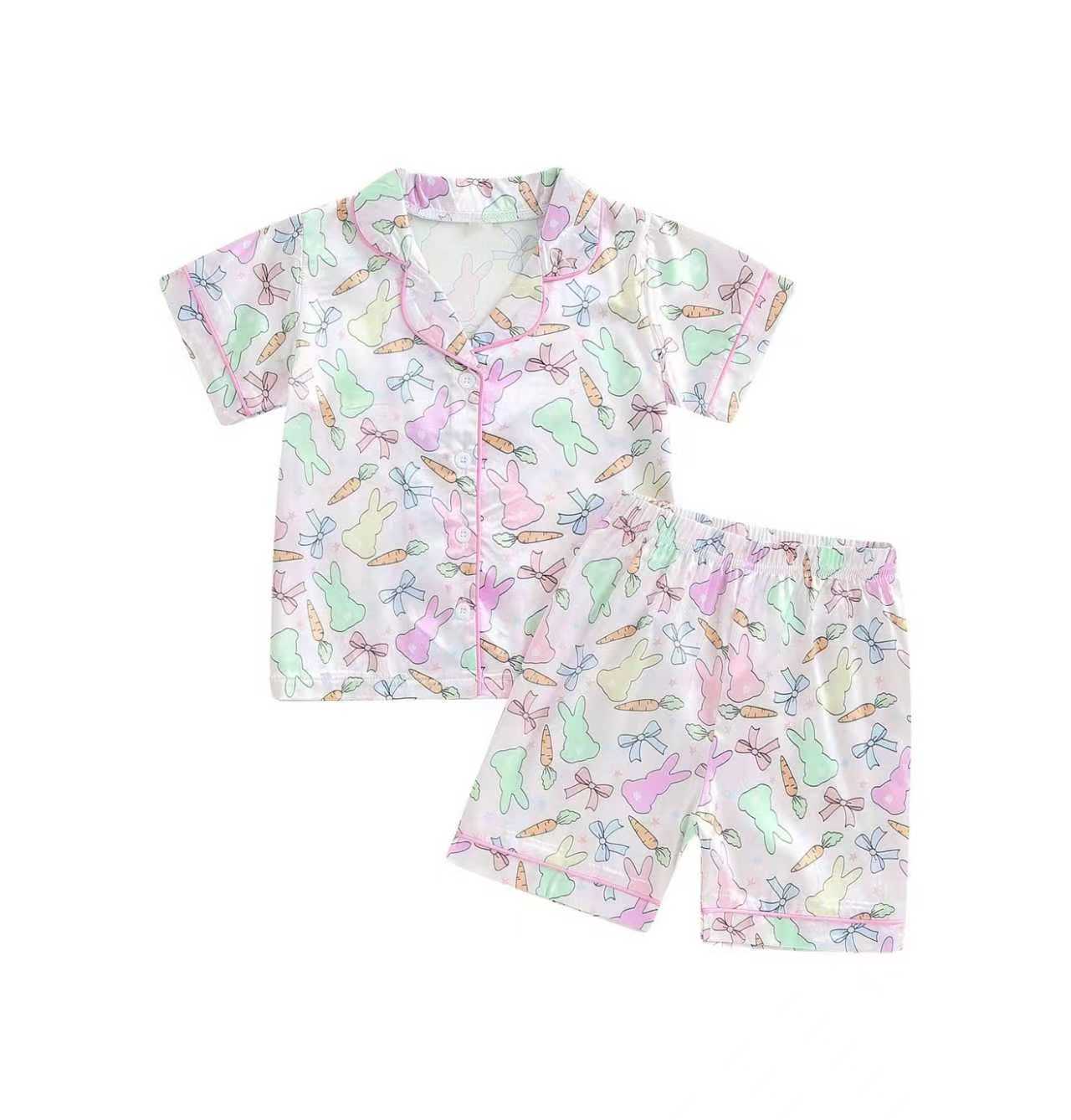 MOQ 5 preorder GSSO2768 Easter Bunny Carrots Pink Button Short Sleeve Shorts Girls Pajama Set 202510