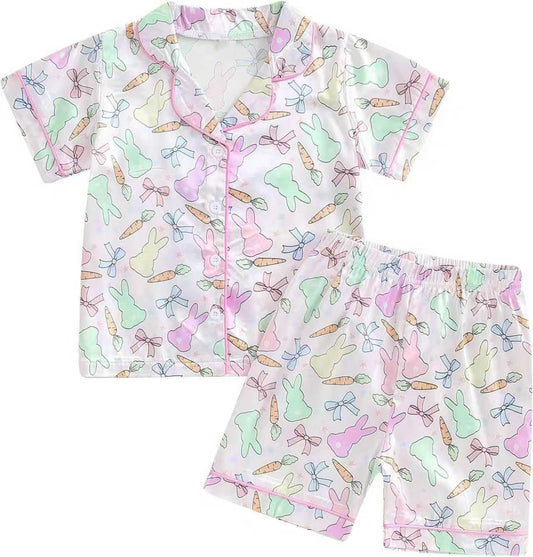 MOQ 5 preorder GSSO2769 Adult Female Easter Bunny Carrots Pink Polo Button Short Sleeve Shorts Pajama Set 202510