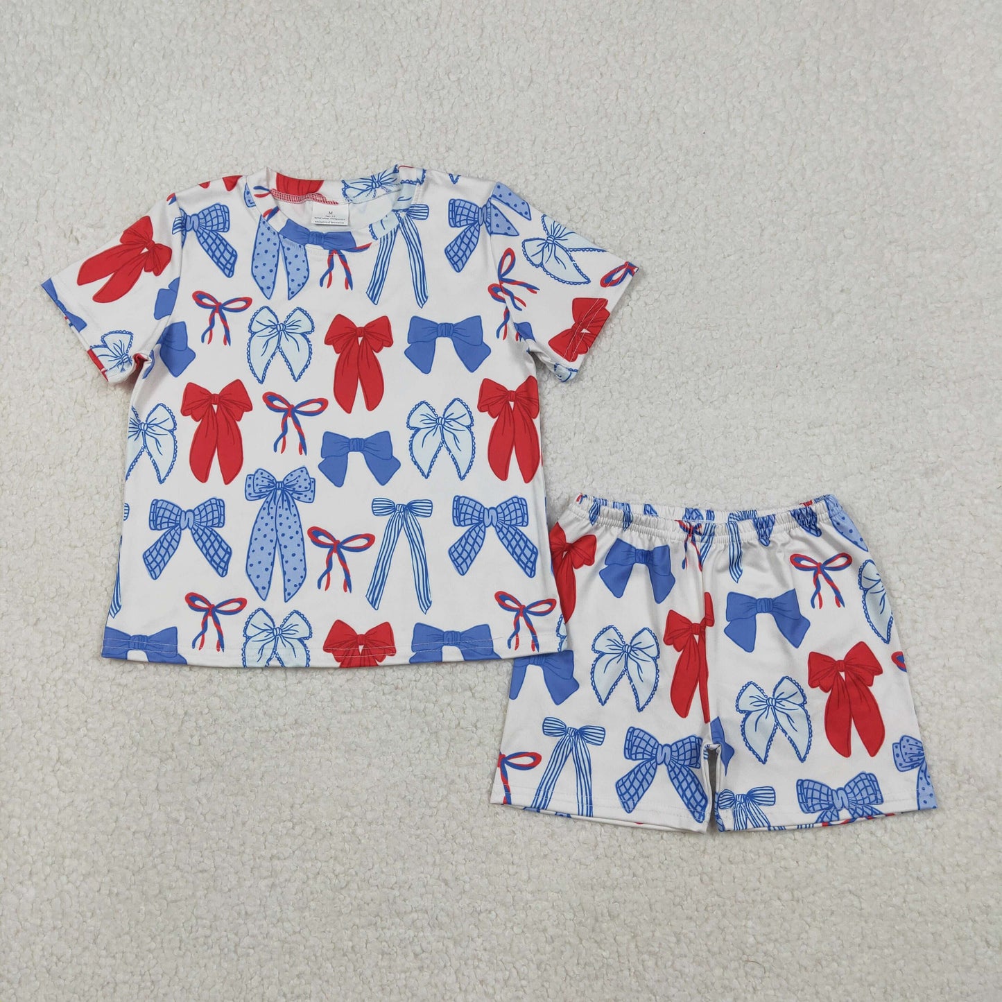 GSSO2772 4th of July Red Blue Bows Short Sleeve Shorts Girls Set 202512 RTS
