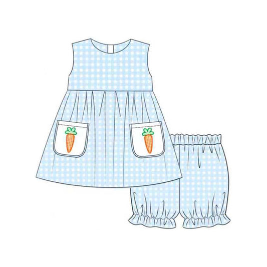 MOQ 5 preorder GSSO2773 Easter Carrots Pocket Blue Dots Sleeveless Shorts Girls Set 202510