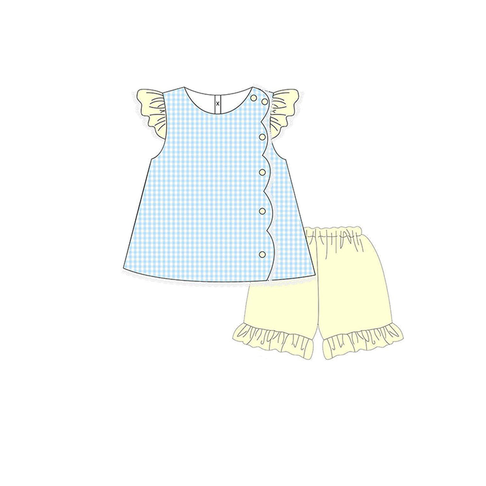 MOQ 5 preorder GSSO2775 Blue Plaid Yellow Flying Sleeve Shorts Girls Set 202510