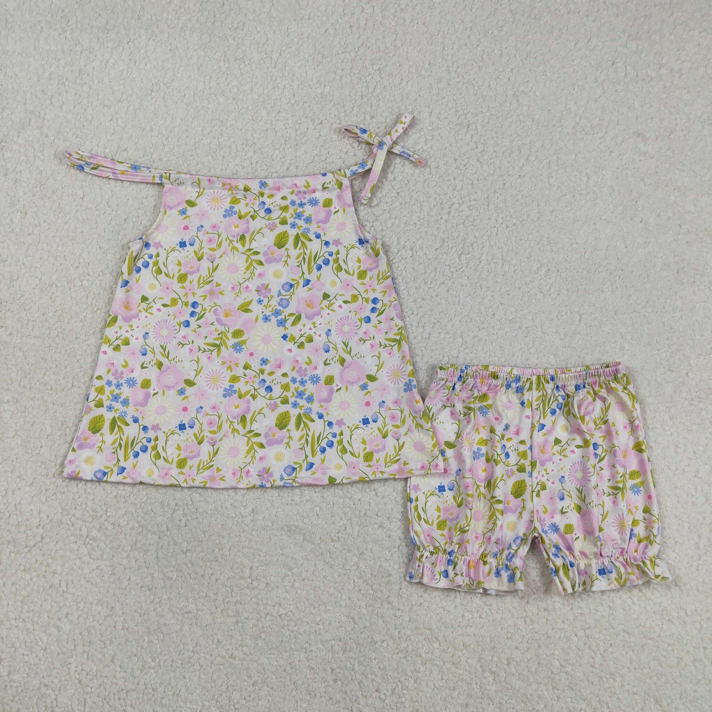 GSSO2778 Flower Leaf Blue Purple Halter Top Shorts Girls Set 202603 RTS