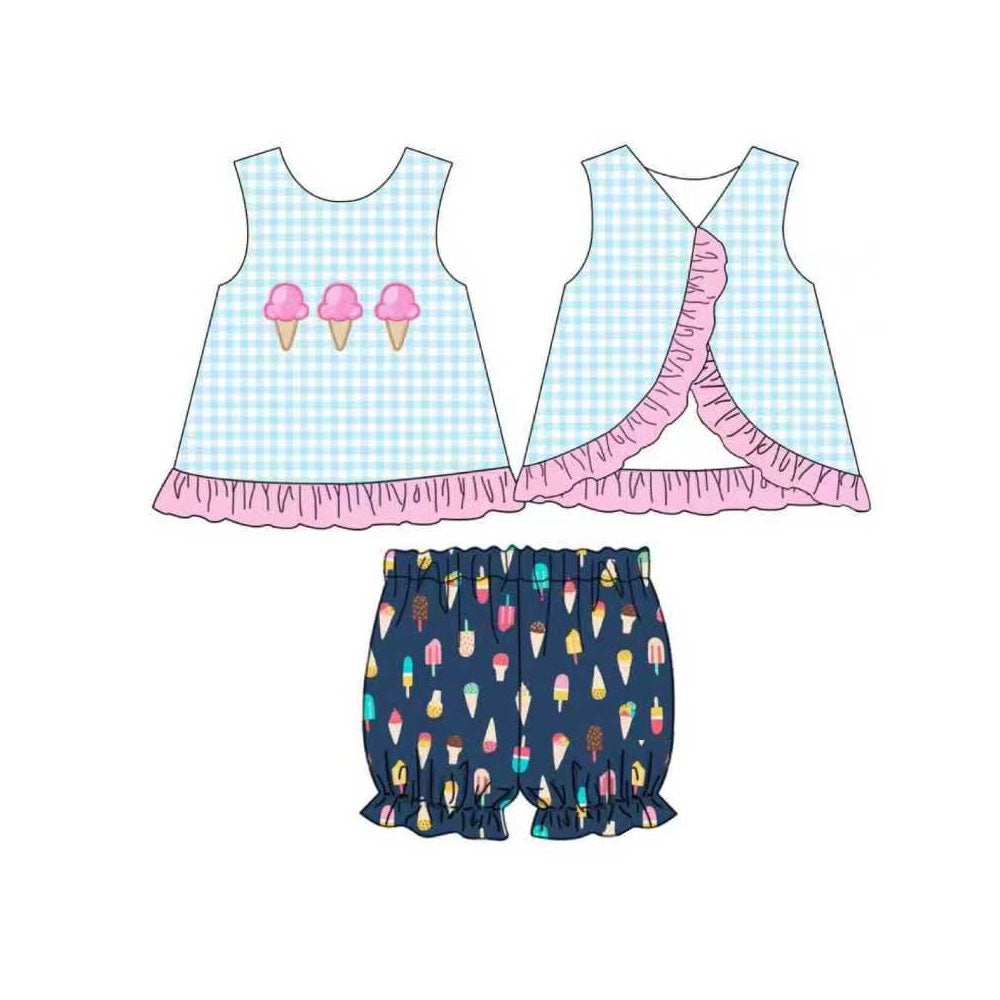 MOQ 5 preorder GSSO2780 Ice Cream Blue Plaid Pink Ruffle Sleeveless Top Shorts Girls Set 202510