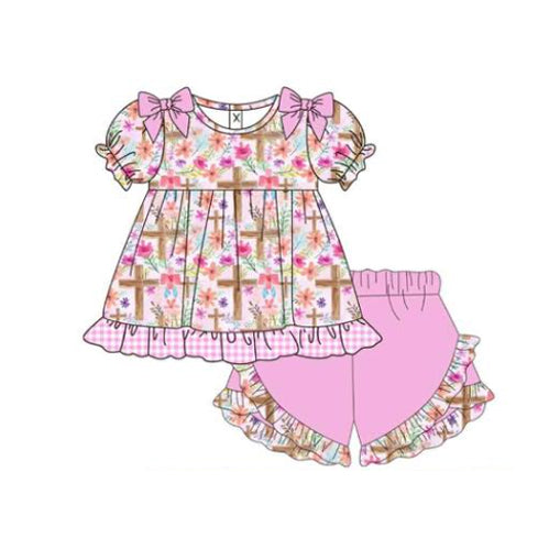 MOQ 5 preorder GSSO2782 Easter Cross Flower Bows Ruffle Puff Short Sleeve Top Shorts Girls Set 202510