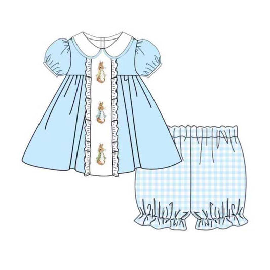 MOQ 5 preorder GSSO2784 Easter Bunny Blue Doll Collar Puff Short Sleeve Top Blue Plaid Shorts Girls Set 202510