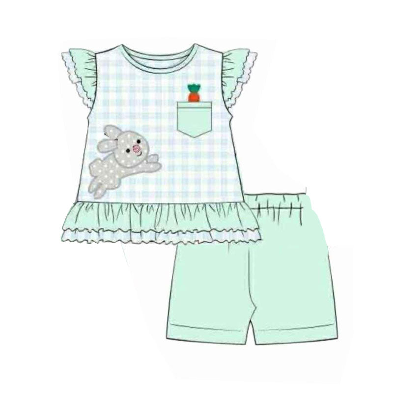 MOQ 5 preorder GSSO2786 Easter Bunny Pocket Light Green Plaid Flying Sleeve Shorts Girls Sets 202510