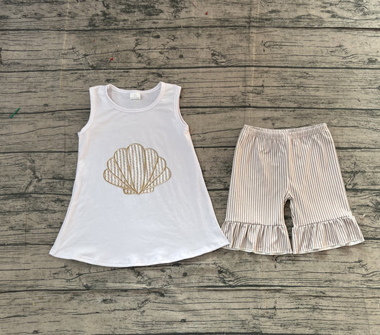 NO MOQ preorder GSSO2787 Embroidered Shell White Sleeveless Stripe Shorts Girls Sets 202511