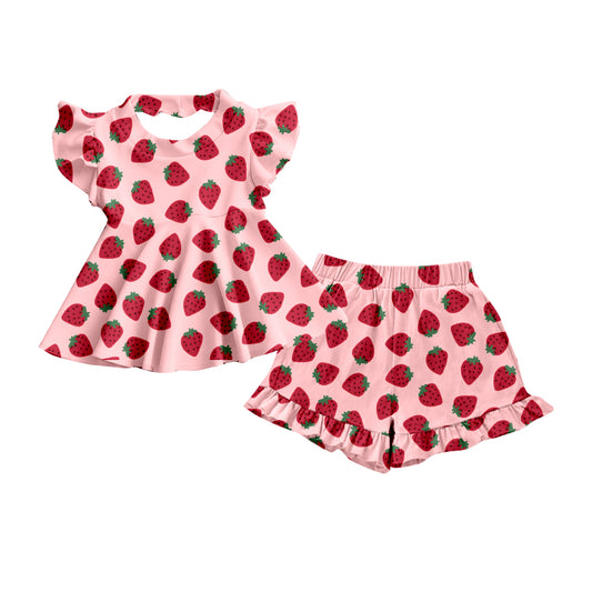 MOQ 5 preorder GSSO2788 Strawberry Flying Sleeve Shorts Girls Sets 202510